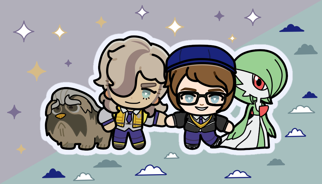 From left to right, Mabosstiff, Arven, me (Joanie) and Gardevoir in the chibi style of Pokmon Trainers line. Arven and Joanie hold hands. Top-left half has purple and yellow twinkles on lilac background, and bottom-right half has dark blue and teal clouds on light-teal background.