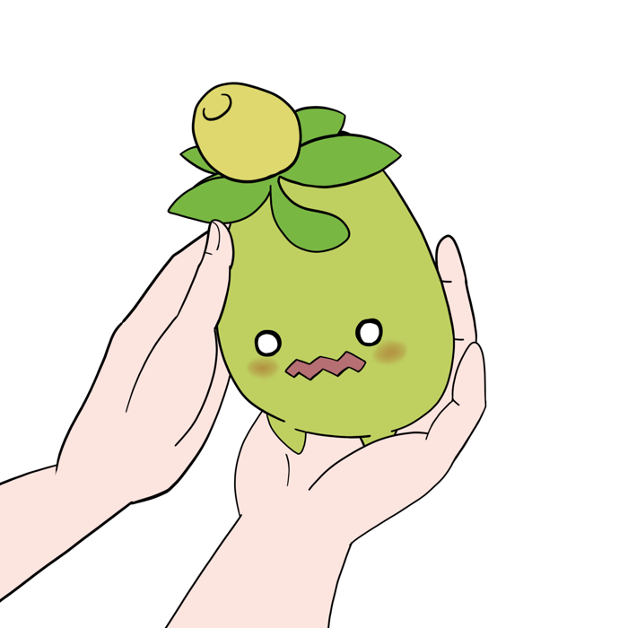 A Pokmon called Smoliv is held on a right hand and caressed with a left hand. Smoliv is blushing.